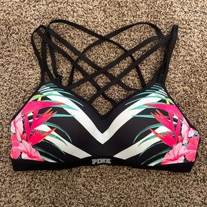 PINK Victoria's Secret Black Floral Strappy Sports Bra with Pink Accents
